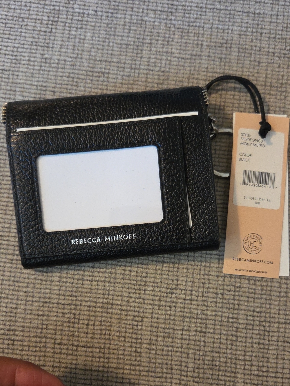 Rebecca Minkoff Black Pebbled Leather Envelope Card Wallet with Keyring